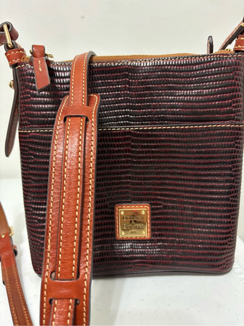 Dooney & Bourke Burgundy Lizard-Embossed Crossbody with Brown Trim